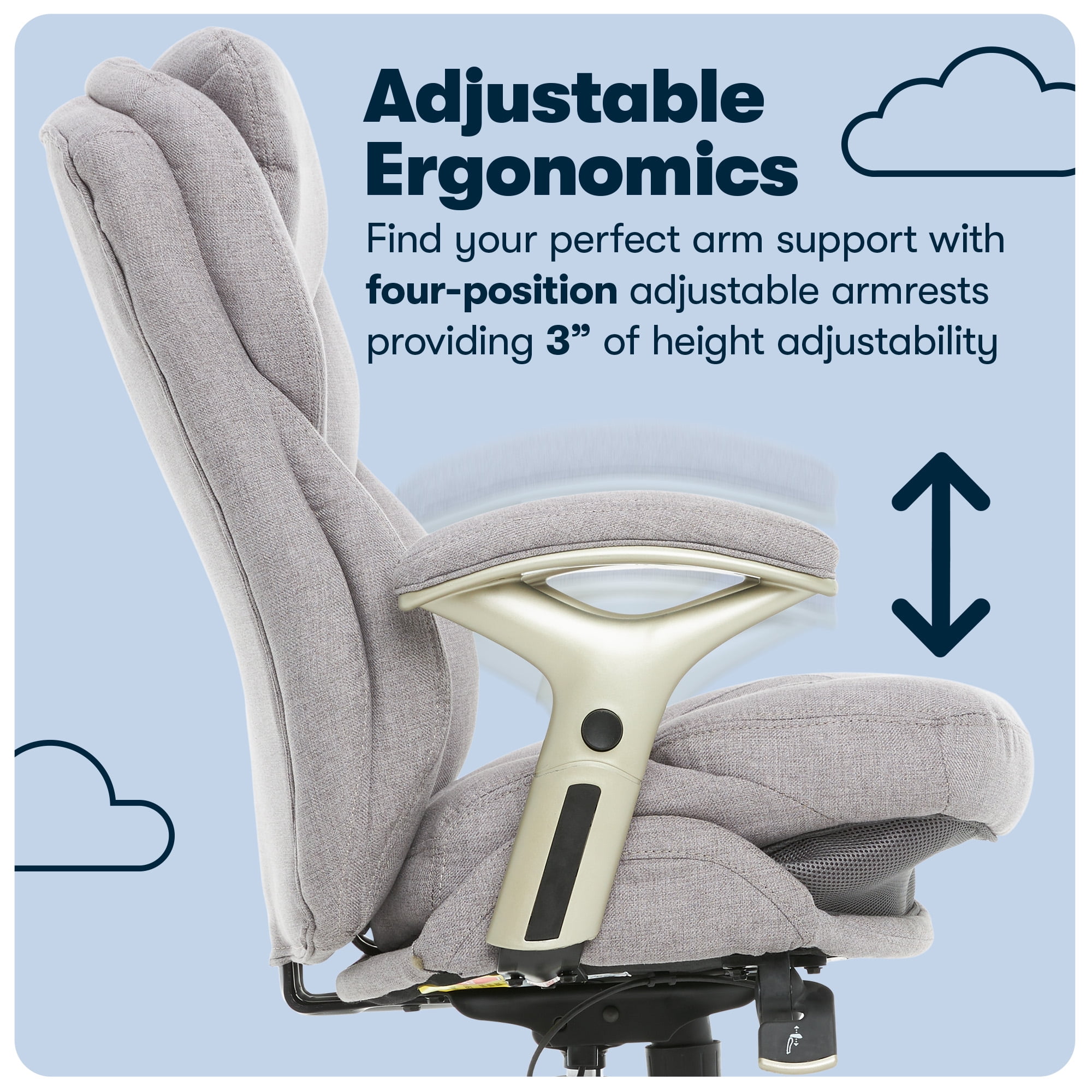 Serta Claremont Executive Office Chair with Back-In-Motion Technology, Ergonomic Mid-Back with Pivot Lumbar Support and Seat, Plush Cushion, Body Pillows, Adjustable Arms, Light Gray Fabric