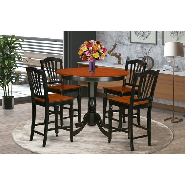 Pub Table Set Dining And Counter Height Stool Finish Black Cherry Number Of Items 5 Shape Round Style Wood Seat Com Dining Table And Counter Height Stool, Round Pub Style Table And Chairs
