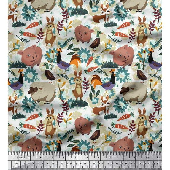 Soimoi Polyester Crepe Fabric Floral,Bird & Animal Cartoon Print Fabric by Yard 52 Inch Wide