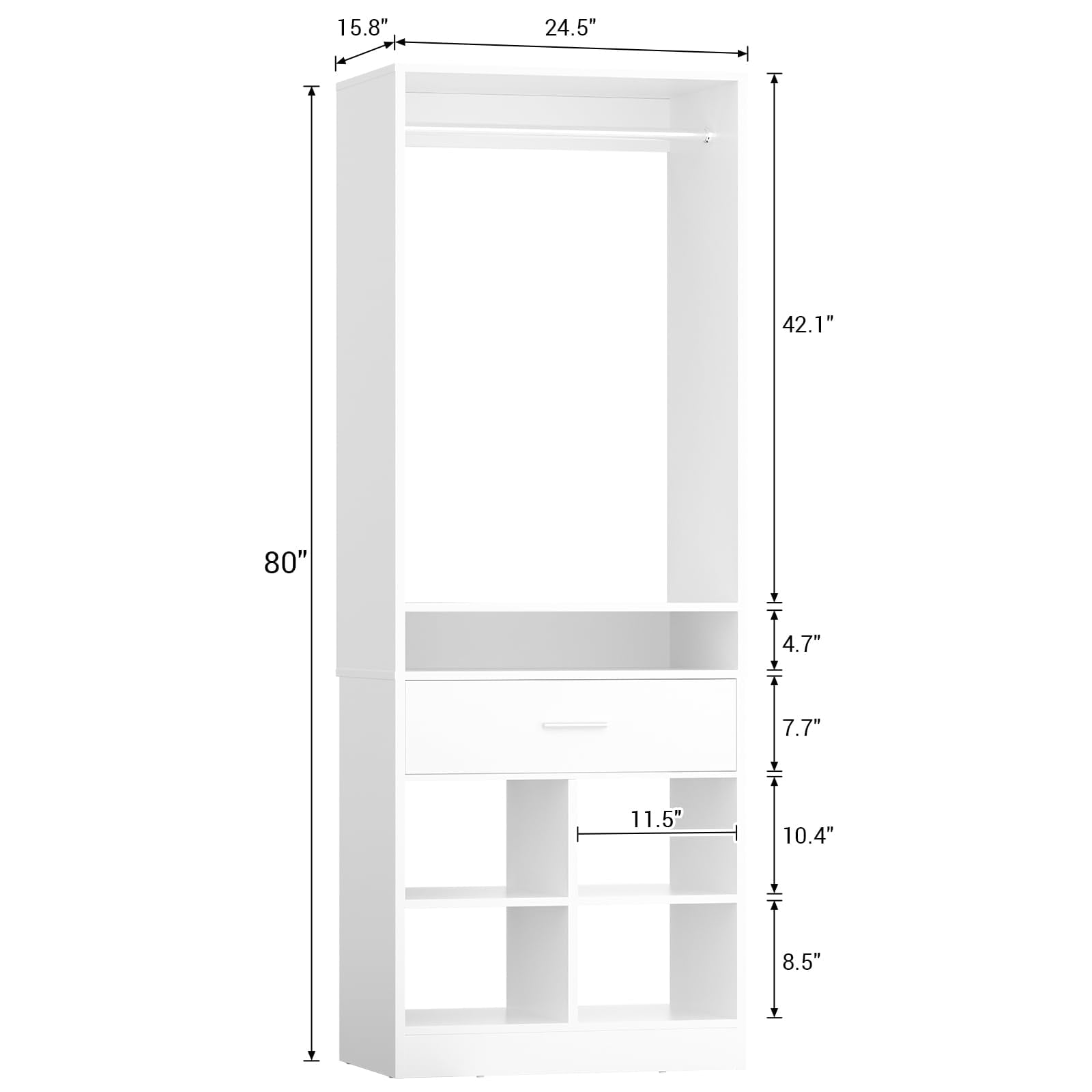 Homieasy Freestanding Closet Organizer System with Wood Drawer, 4 Cubby Storage & Hanging Rods - 25''W x 80''H Tower Wardrobe for Walk-In Closets, White