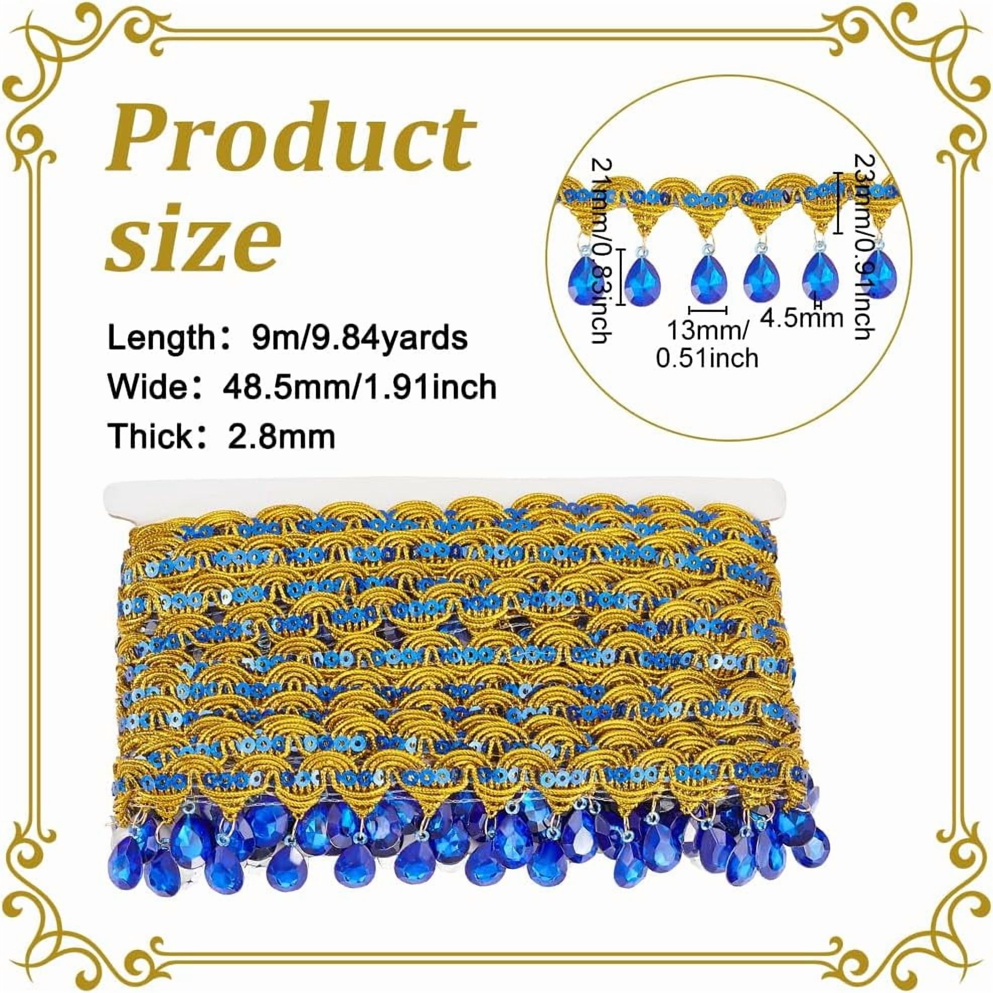 9.8Yards(9m) Hanging Beads Fringe Lace 1.9inch Wide Blue Rhinestone Bead Fringe Trim Polyester Sewing Fringe Tassel Trim by The Yard for Handmade DIY Clothing Curtain Decoration