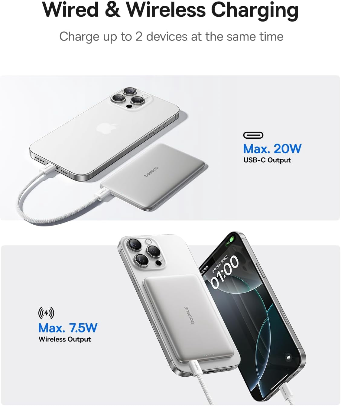 Baseus Picogo 5000mAh Ultra-Slim MagSafe Power Bank, Card-Size Wireless Charger with USB-C Braided Cable, Fast Charging Battery Pack for iPhone,Silver