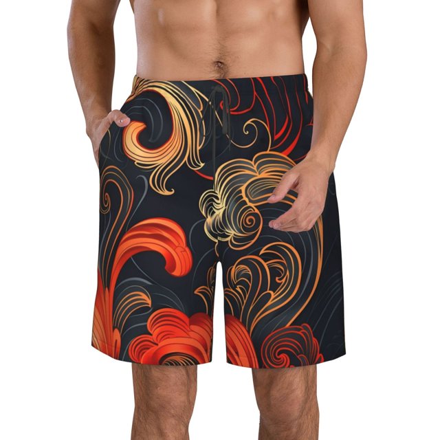 Fotbe Fiery Floral Pattern Trajes de Baño Estampados para Hombre, Shorts de Verano de Secado Rápido, Ropa de Playa, Bañadores-Small