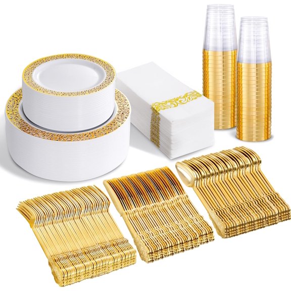 350PCS Gold Plastic Dinnerware Set - Gold Plastic Plates Disposable for 50 Guests Include 50 Dinner Plates,50 Dessert Plates,50 Forks,50 Knives,50 Spoons,50 Cups&50 Napkins for Party