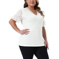 thumbnail image 4 of Agnes Orinda Women's Plus Size V Neck Short Sleeve Elegant Lace Ribbed Knit Summer Tunic Blouse 1X White, 4 of 6