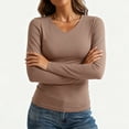 thumbnail image 5 of Sexlip Womens Long Sleeve V Neck Ribbed Knit Fitted Casual Tops Tee Slim Basic Shirt Brown L, 5 of 7