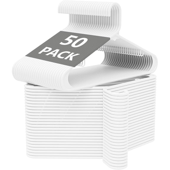 UEAKPIC Plastic Hangers 50 Pack, Space Saving Heavy Duty Clothes Hangers with Non Slip Hooks for Adults, White