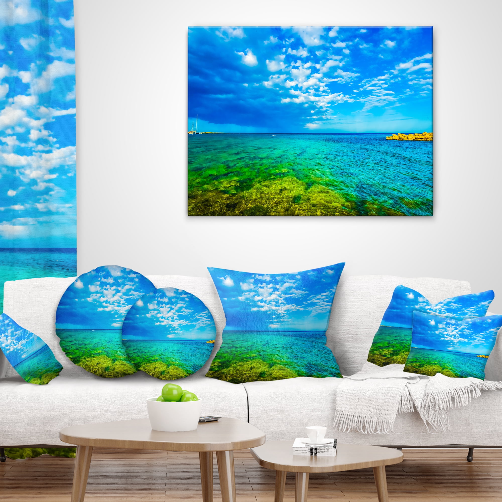 Designart Picturesque Green Blue Seashore - Modern Seascape Throw Pillow - 12x20