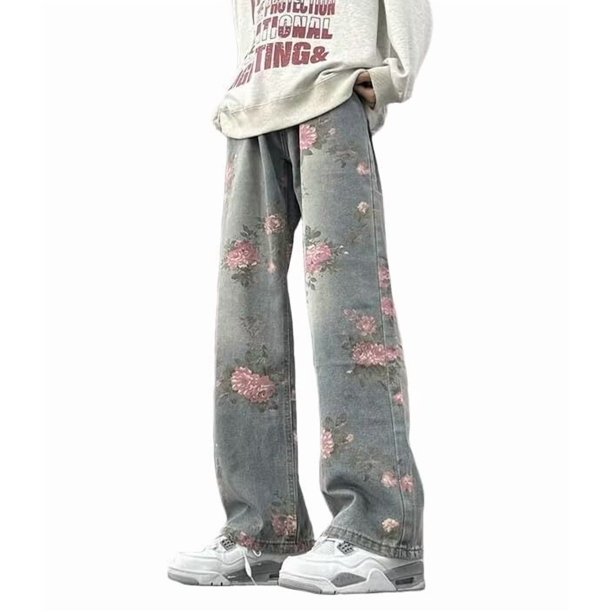 Pantalones vaqueros unisex estilo hip-hop gótico urbano de talle alto y corte holgado con diseños rasgados y bordados for hombre y mujer