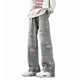 thumbnail image 1 of Pantalones vaqueros unisex estilo hip-hop gótico urbano de talle alto y corte holgado con diseños rasgados y bordados for hombre y mujer, 1 of 5