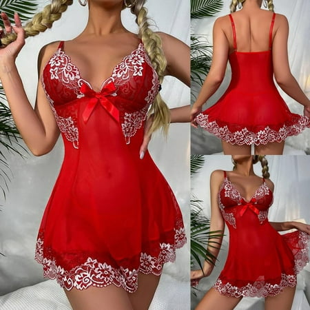 

DENGDENG Lace Mesh Babydoll Lingerie for Women Solid Deep Sleepwear