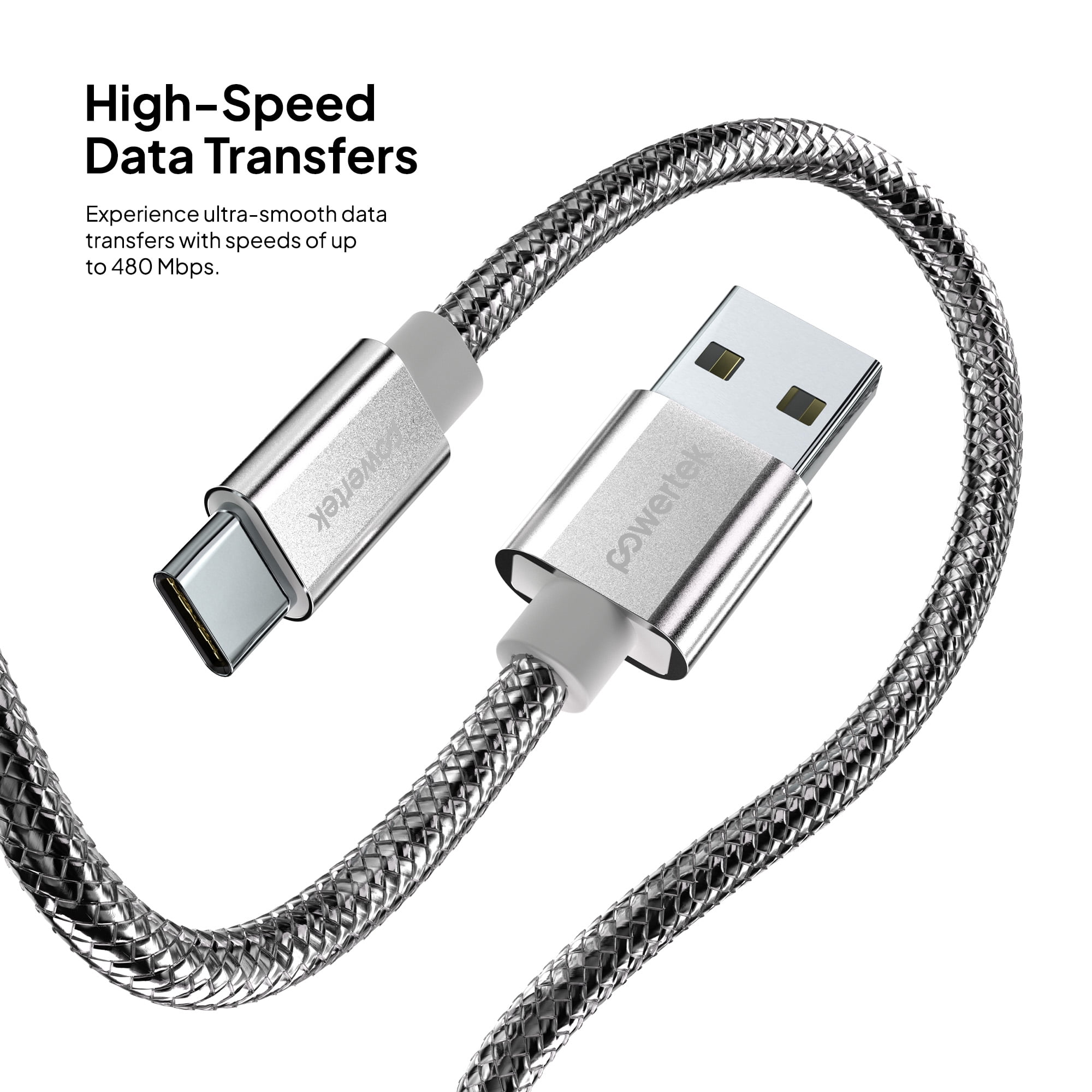 Powertek Luxe 6ft USB-A to USB-C Cable, Silver, Fast Charge & Sync, Metallic Mesh PVC Jacket, Durable Tangle-Free Design