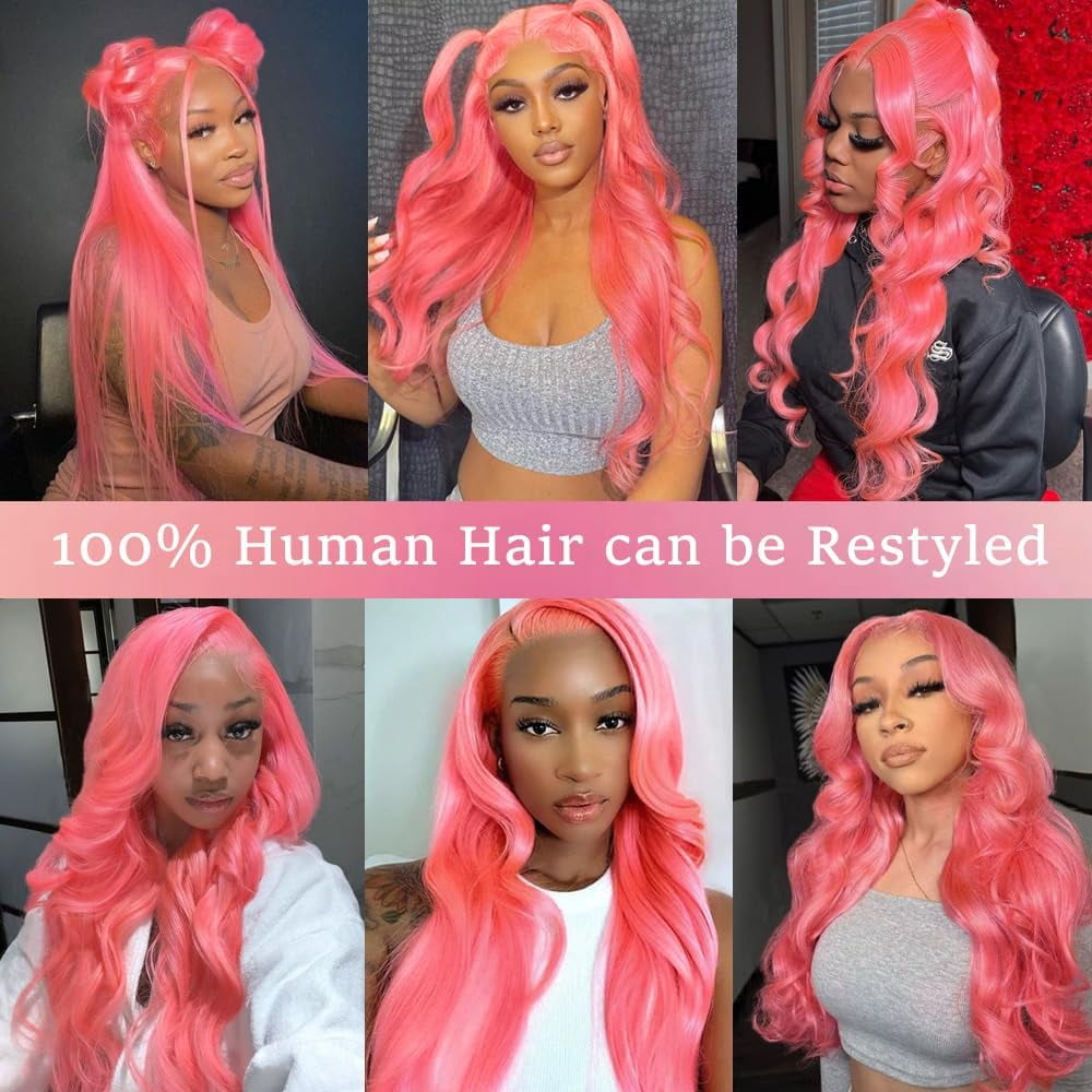 13*6 Inch HD Lace Closure 100% Human Hair Wig Body Wave Lace Front Wig 24" Pink Hair Heat Resistant Bleachable