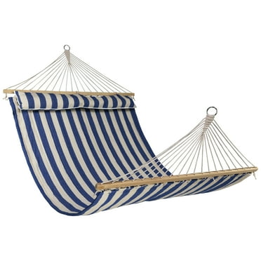 Northlight Striped Macrame Quilted Two Person Double Hammock with Pillow - 9' x 55" - Blue and Cream
