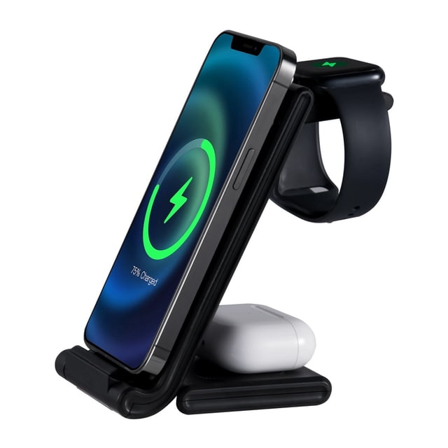 Cargador 3 en 1, estación de carga rápida de 15 W para teléfono/reloj inteligente/auriculares, soporte de carga plegable para múltiples dispositivos, base de carga portátil multifuncional
