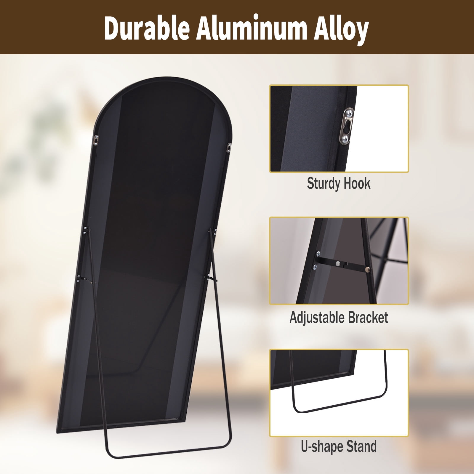 Anyrose 57.5"x 19" Arched Full Length Floor Mirror Wall-Mounted Mirror with Metal Frame, Black