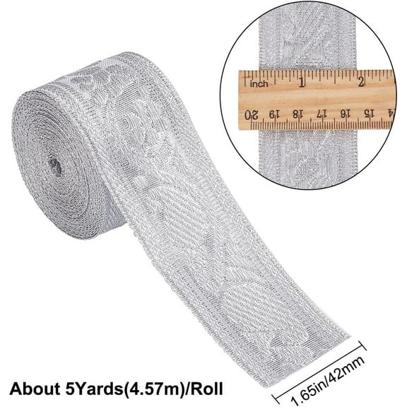 5yards Polyester Ribbons Jacquard Ribbon Floral Pattern Silver 1-5/8 inch(42mm)