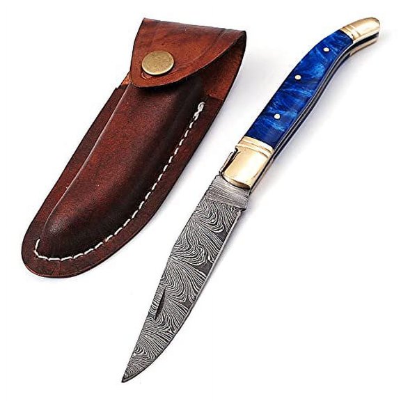 Laguiole Folding Damascus steel knife, 8.6" Long with 4" hand forged custom twist pattern Blade. Blue color unshrinkable Raisen scale with brass bolster, Cow hide leather sheath included