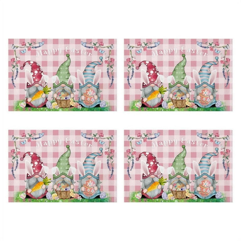 GENEMA 4pcs Easter Placemats Cotton Linen Heat Resistant Table Mats  Non-Slip Happy Easter Bunny Gnome Eggs Placemat for Holiday