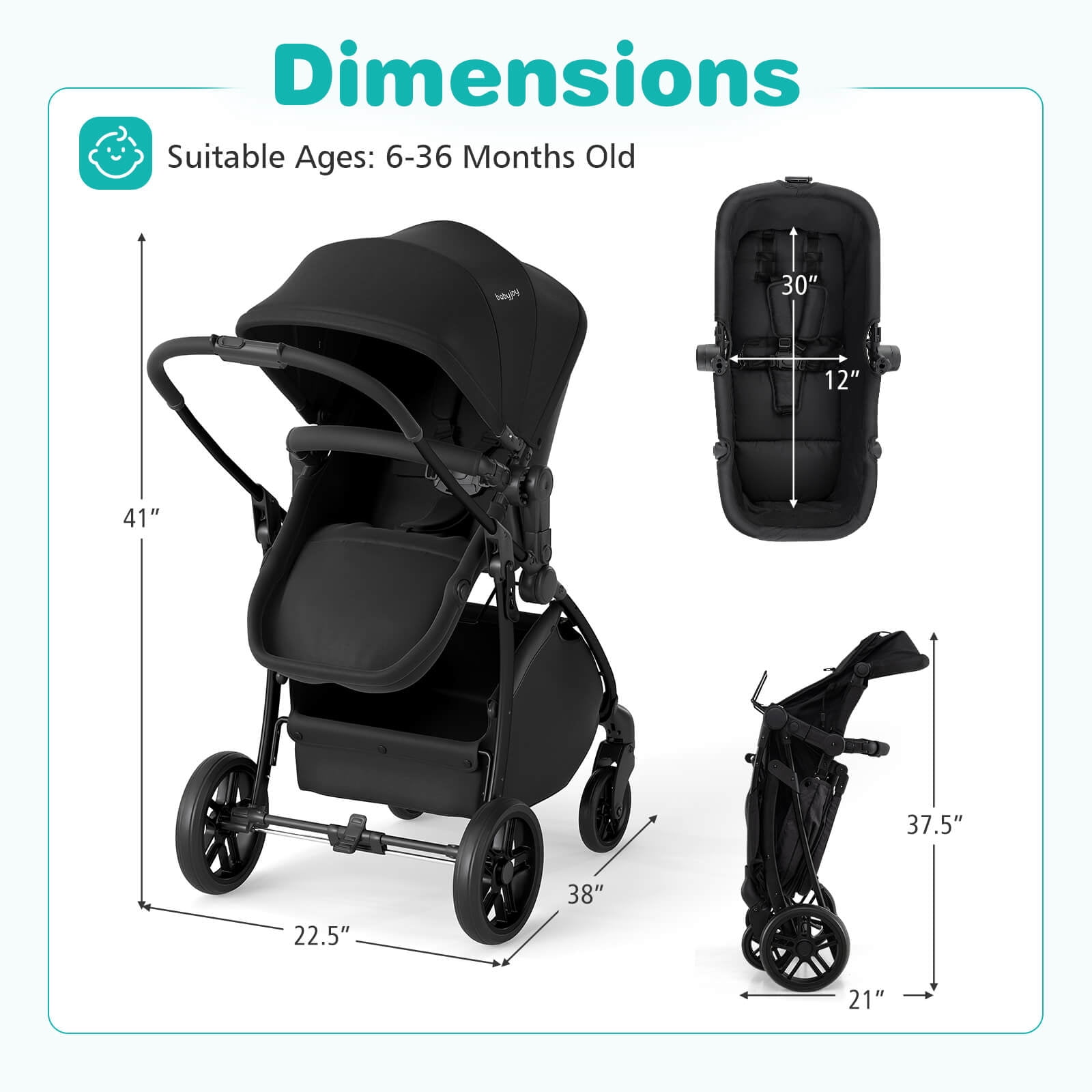 Babyjoy 2 in 1 Baby Stroller Folding High Landscape Pushchair with Bassinet Mode Black