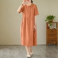 thumbnail image 4 of Bocqde Robes en Coton et Lin pour Femmes Mode Décontractée Unie à Manches Courtes Robe à Col à Revers Été Ample Plissée Robe de Plage, 4 of 7