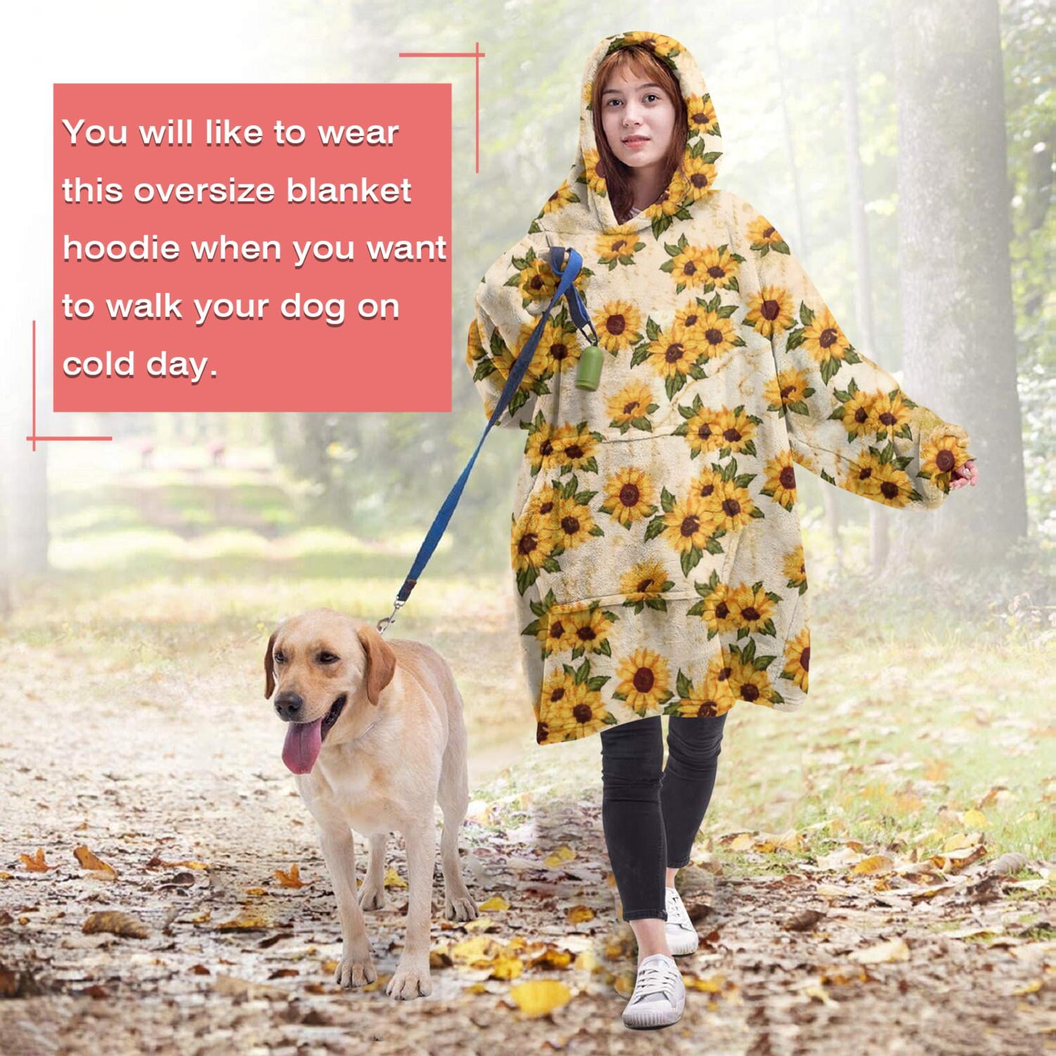 Beige Sunflower Cluster Pattern Wearable Oversized Blanket,Wearable Blanket Hoodie for Adults,Cozy Hooded Blankets with Super Pockets,Super Warm Fuzzy Pullover for Women & Men