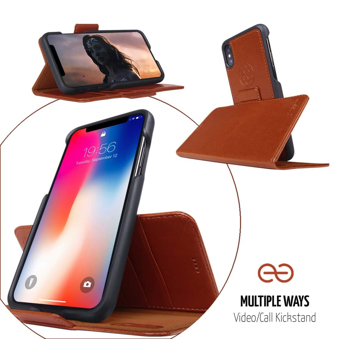 RFID Protection Dreem Fibonacci 2-in-1 Wallet-Case for iPhone X & Xs Luxury Vegan Leather Caramel Wireless Charging OK Magnetic Detachable Shock-Proof TPU Slim-Case Gift-Box 2-Way Stand