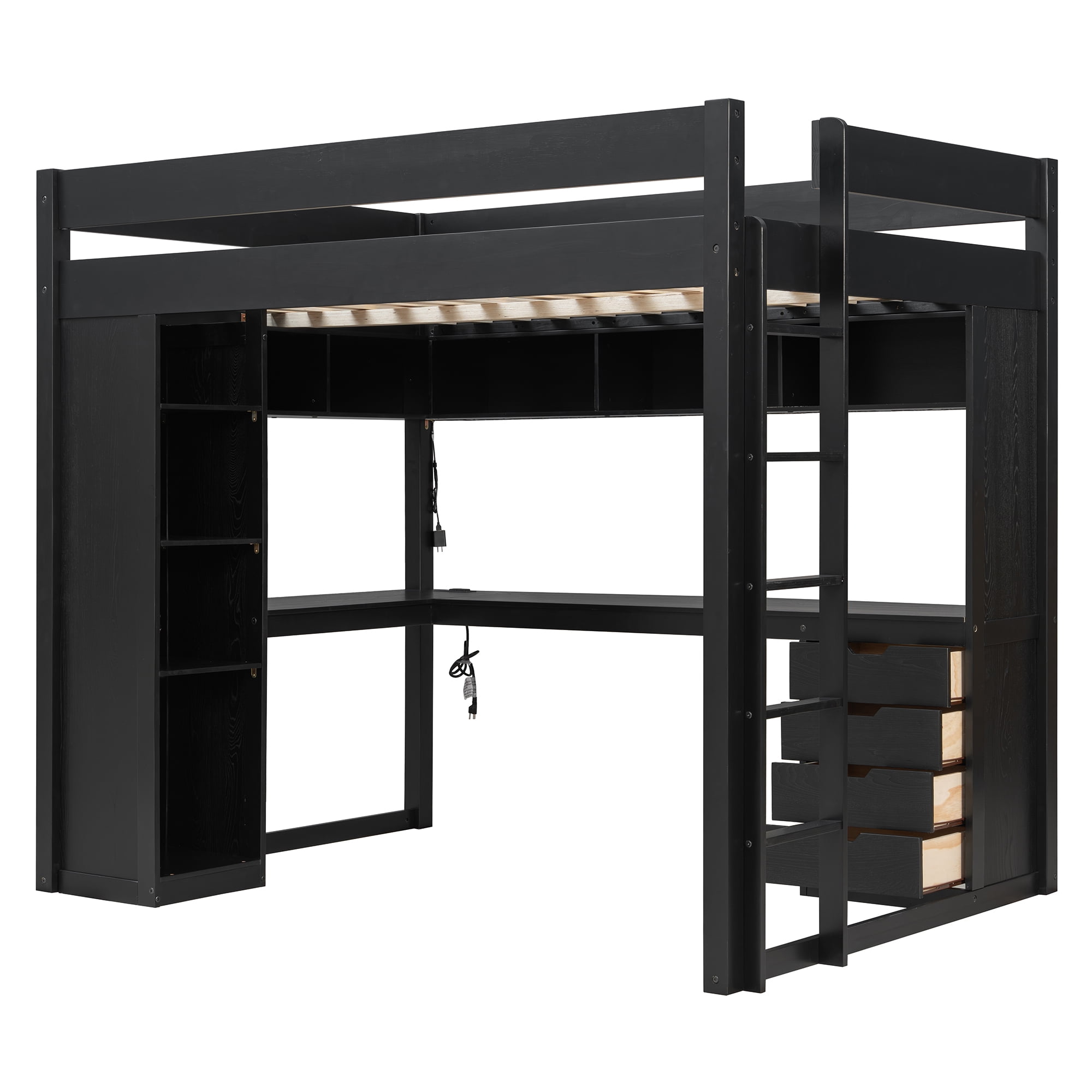 Mintazer Full Loft Bed with L-Shaped Desk & Smart LED Lights and Charge Station, Modern Loft Bed with 4 Storage Drawers & Shelves, Black