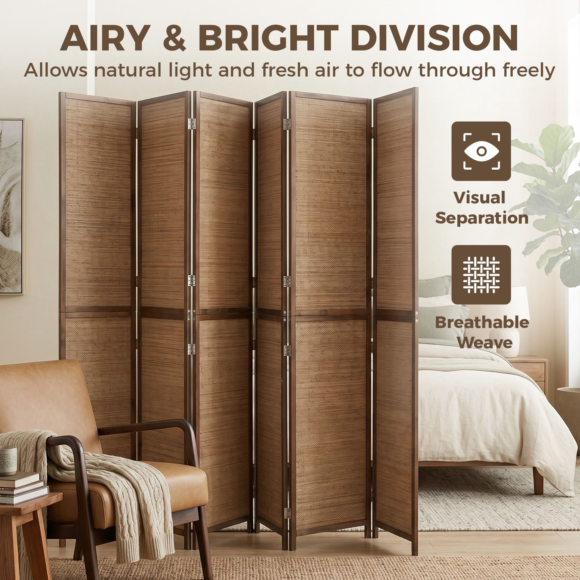 Alvantor 6 Panel Room Divider 6ft Hand-Woven Bamboo Privacy Screen for Porch Living Room Dorm Brown