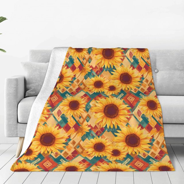 Fotbe Diamond Bohemian Sunflower Manta de Franela Acolchonada con Estampado, Súper Suave y Esponjosa, Extra Grande para Sofá, Cama, Uso Todo el Año-60"x50"