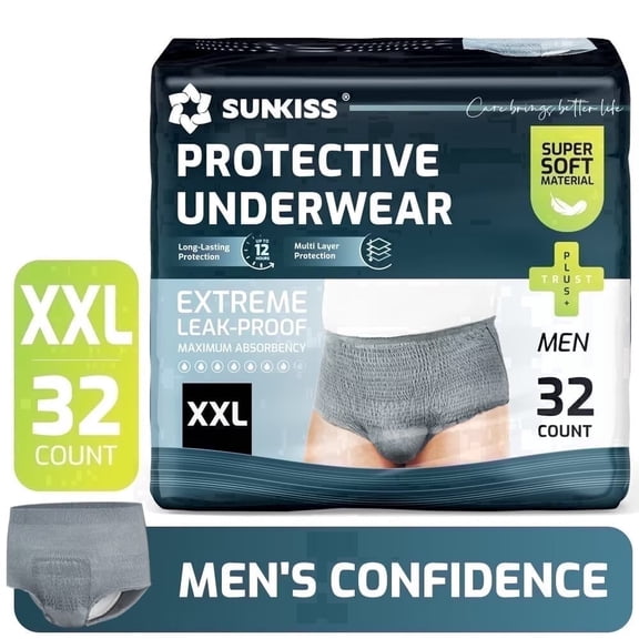 SUNKISS Incontinence Underwear for Men, Daytime Disposable Adult Pull Ups, Mens Protective Briefs with Maximum Absorbency, XXLarge, Grey, 32 Count