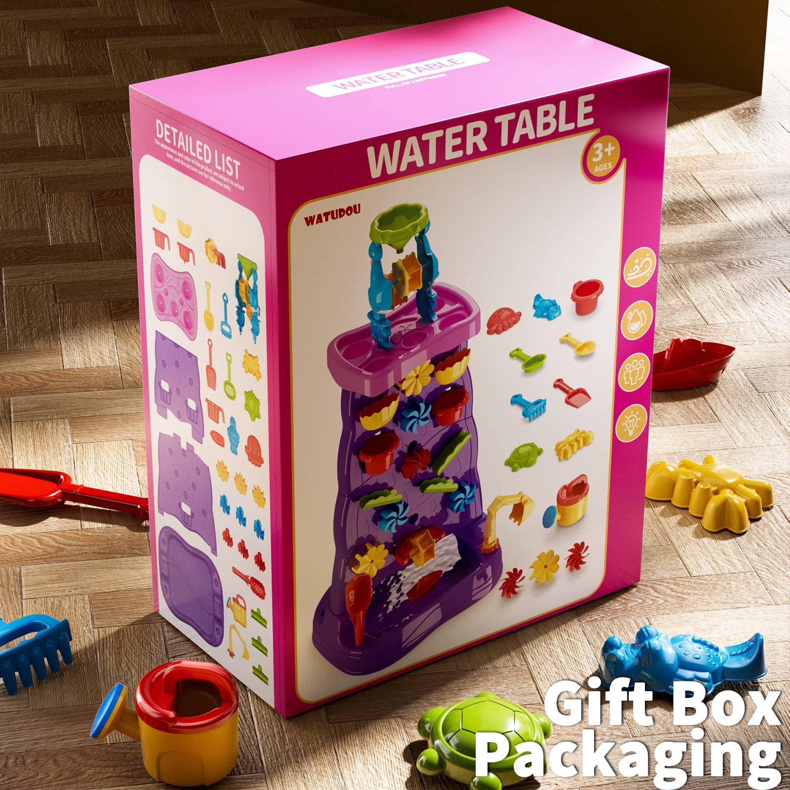 Kids Waterfall Water Table Play Set -Purple- Double-Sided Waterfall Discovery Wall, With Shovels, Buckets, Sea Creatures for Outdoor Backyard Beach Sensory Play, Gift for Boys Girls Age 3+