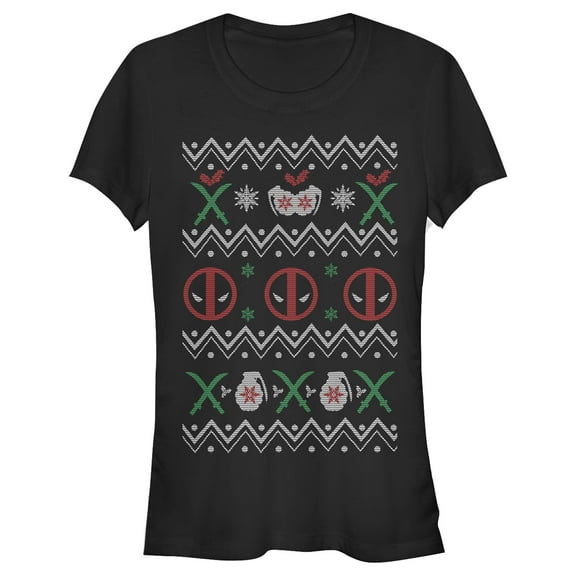 Junior's Marvel Ugly Christmas Deadpool Graphic Tee Black Large
