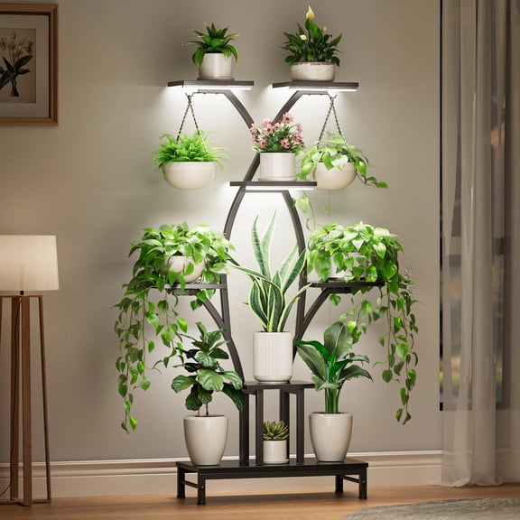Plant Stand Indoor with Grow Lights - 7 Tiered Metal Corner Shelf for Multiple Plants, 63" Corner Plant Stand for Indoor Plants, X-Shaped Plant Rack for Home, Living Room & Patio Decor, Brown