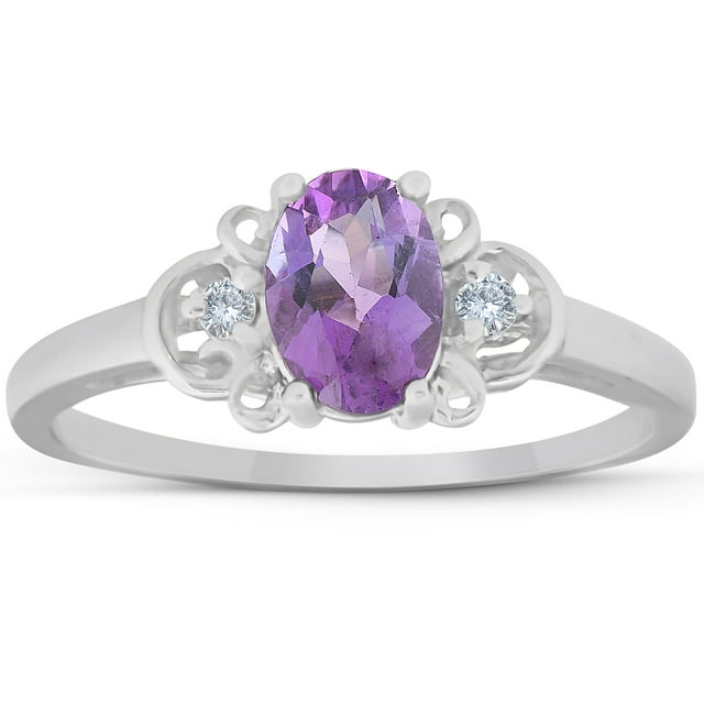 Bague en Or Blanc 14 K avec Améthyste Ovale de 1 1/4 Ct et Diamants