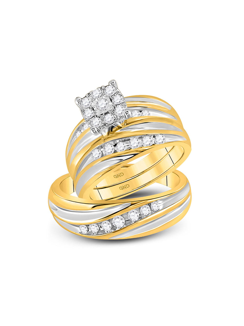 Yellow Gold Over Round Diamond Wedding Trio Bridal Band Engagement Ring Set 