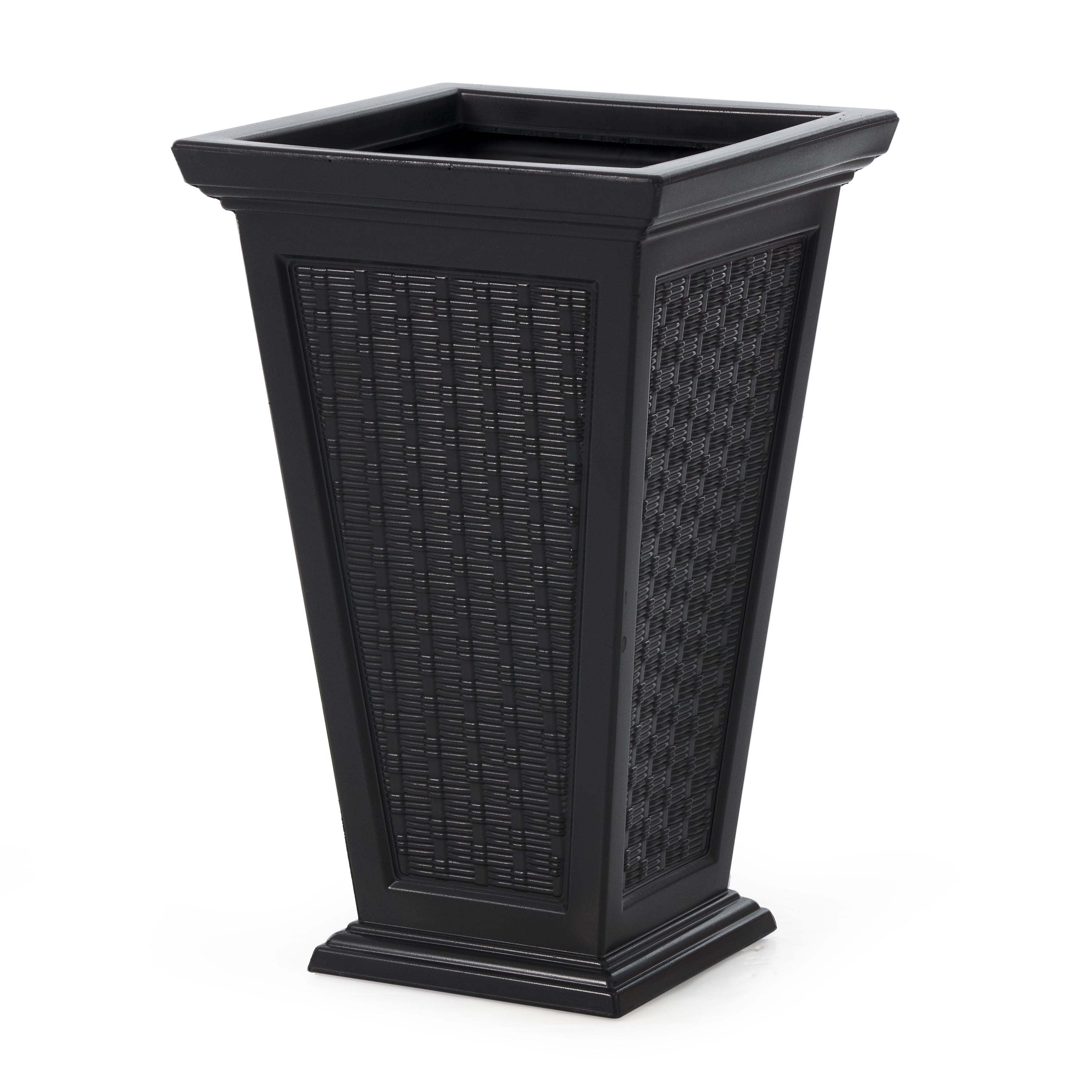 FCMP Outdoor MOD-WP3000 Wicker-Pattern Resin 24" Tall Indoor/Outdoor Self-Watering Pedestal Taper Planter, Black, 2 Pack
