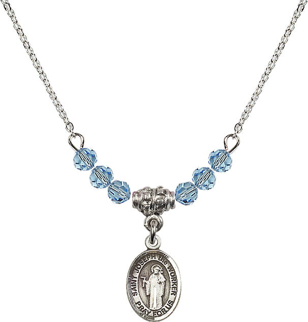 Bonyak Jewelry 18 Inch Rhodium Plated Necklace w/ 6mm Blue March Birth Month Stone Beads and Saint Peter The Apostle 