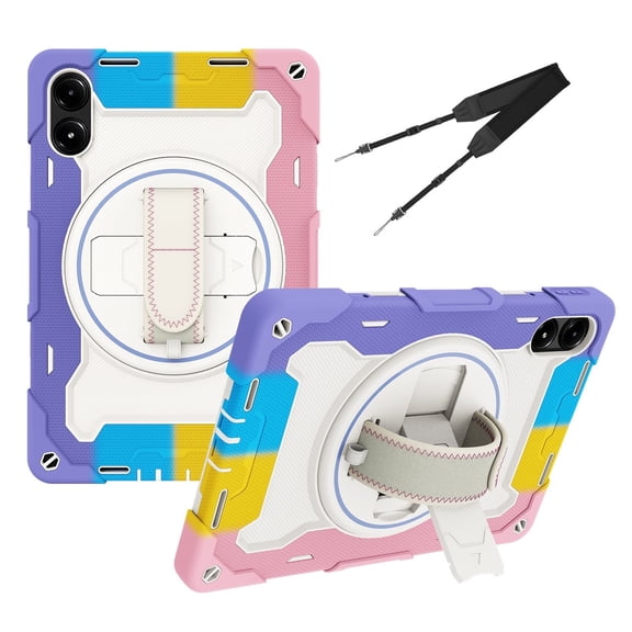 3in1 Rotating Stand Case for Xiaomi Redmi Pad Pro/Xiaomi Poco Pad 12.1 inch 2024 with Hand/Shoulder Strap, Shockproof Rugged, Pink