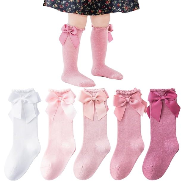 5 pares de calcetines hasta la rodilla para bebé, calcetines largos para niño pequeño, calcetines hasta la rodilla con volantes y lazo para niña, medias de tubo de algodón, calcetines de ves