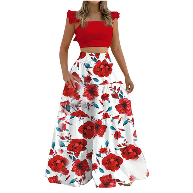 Conjunto de falda y top de manga corta informal con estampado floral de verano para mujer a la moda Wmkox8yi bvn3371
