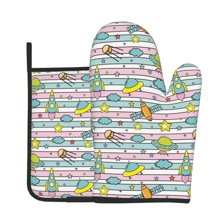 

KLL Space Doodle Pattern Oven Mitts and Pot Holders 2pcs Sets for Kitchen Oven Mitt Heat Resistant 536°F Oven Gloves for Kitchen Cooking and Baking