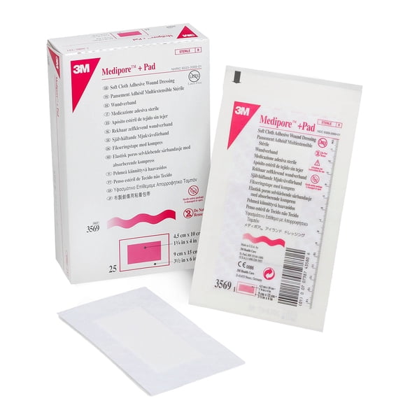 3M Medipore Pad Soft Cloth Adhesive Wound Dressing, Sterile, White, 3 1/2 in x 6 in, 25 Count, 1 Pack