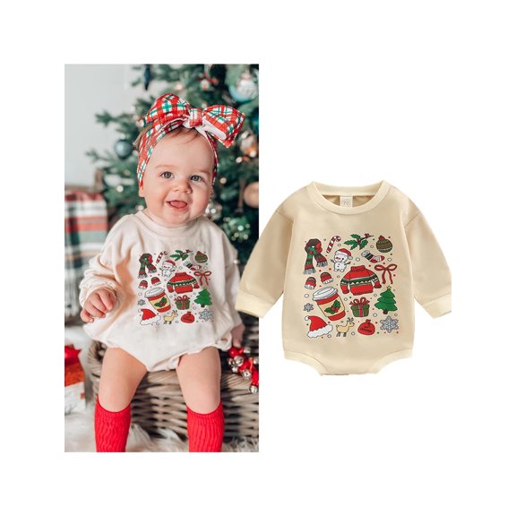 Toddler Baby Girls Lovely Christmas Sweatshirt Romper Cartoon Santa Printed Long Sleeve Bodysuit Jumpsuit 0-24M