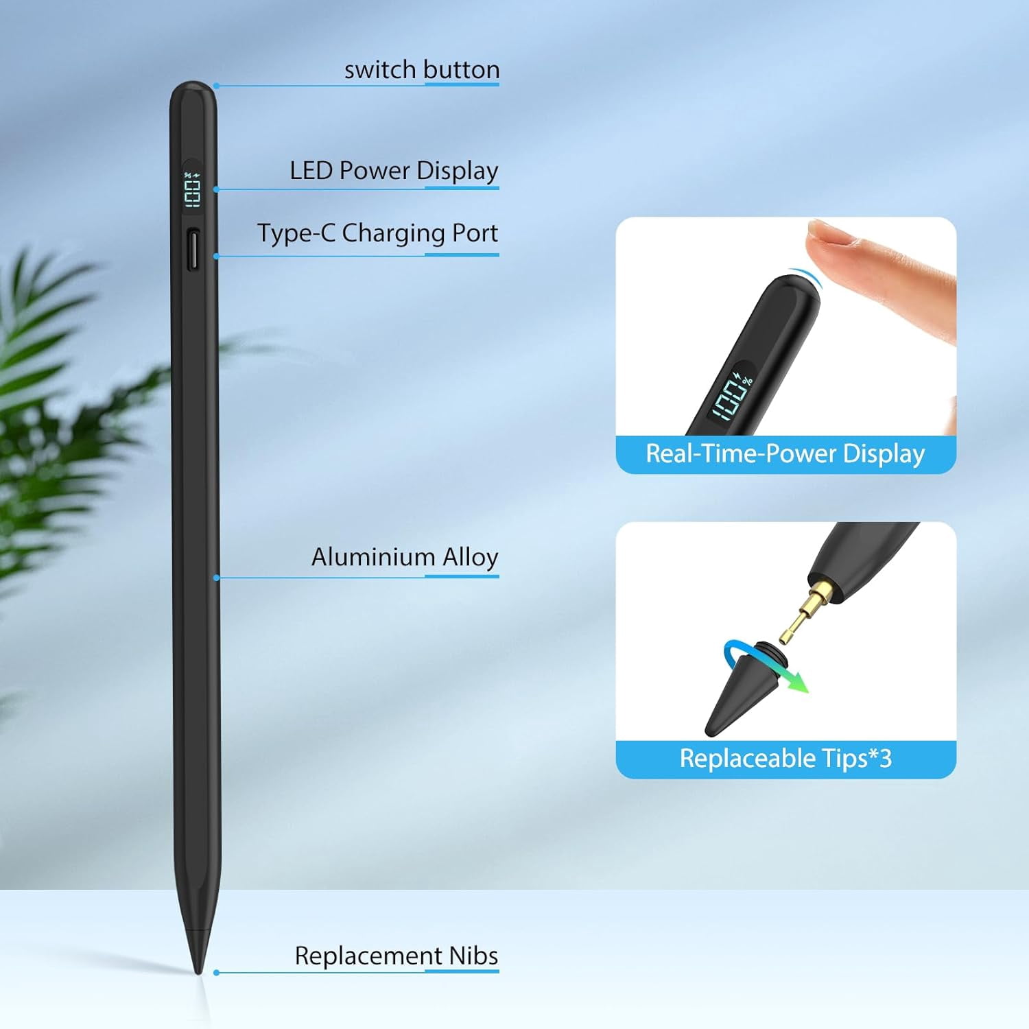 Stylus Pen for iPad 2018-2025, Apple iPad Pens 10th&9th Generation with LED Battery Display, Palm Rejection, Fast USB-C Charging, No Bluetooth, Compatible with iPad Pro Air Mini