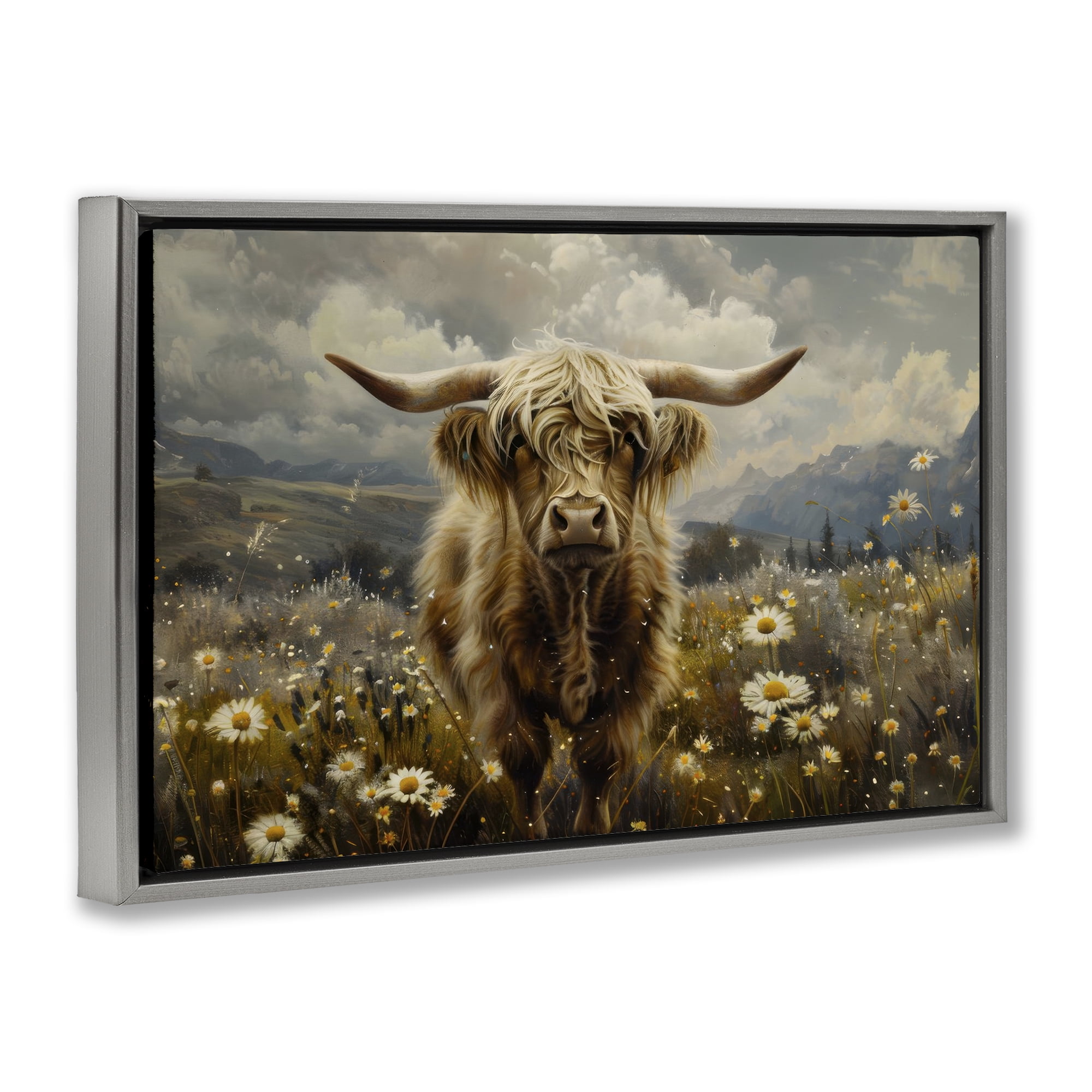 Stupell Industries Cattle in Daisy Field Animals Painting Gray Floater Framed Canvas Art Print Wall Art, 25 x 17