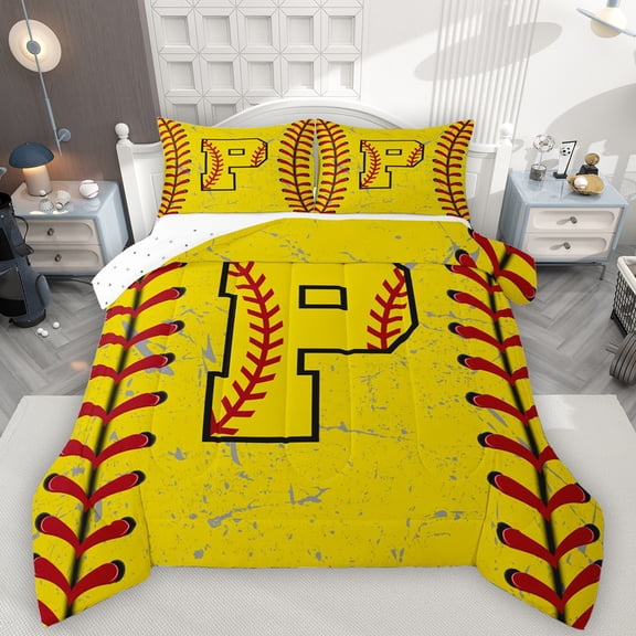 Manfei Letter P Monogrammed Bedding Comforter Set,Baseball Game Twin Comforter Sets,Yellow Red Bedding Set For Boy,Microfiber Room Decorative Reversible,2pcs