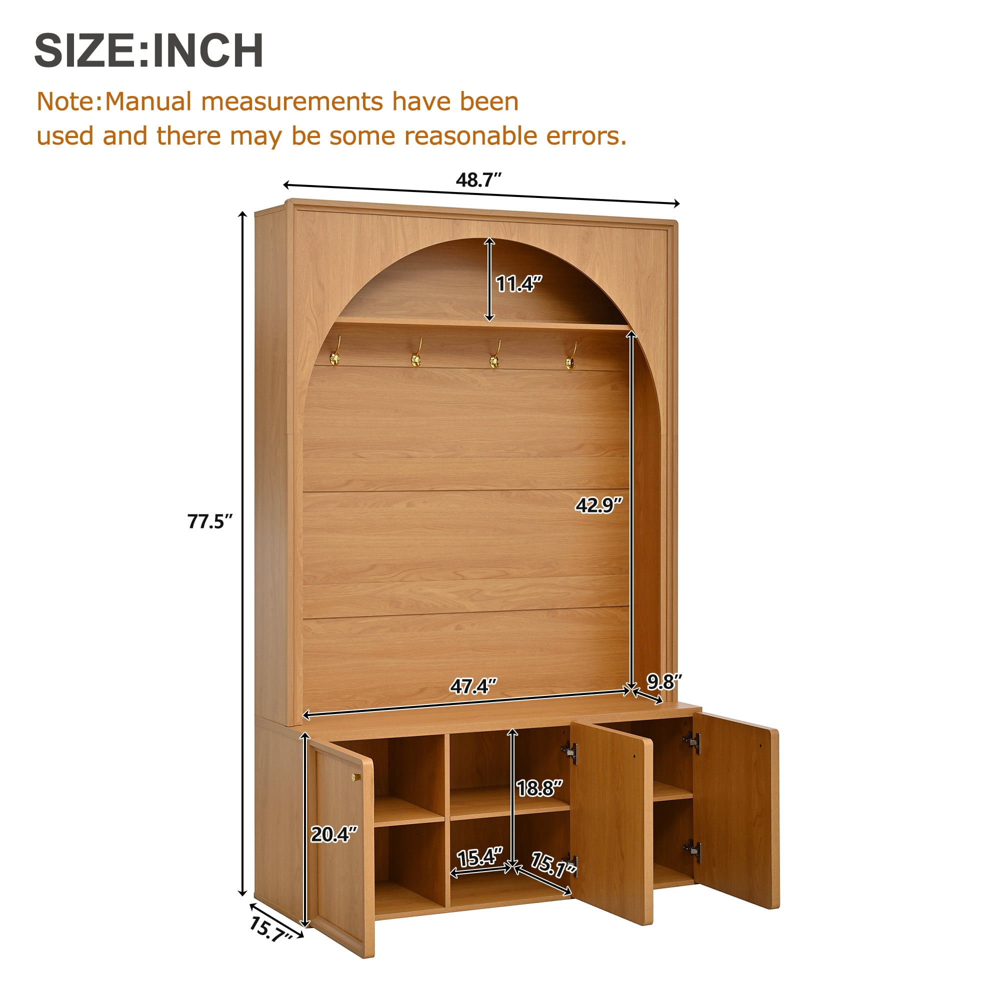Homy Casa 48.7" Modern Arched Hall Tree with Coat Hooks & Hidden Shoe Cabinet, Natural Oak