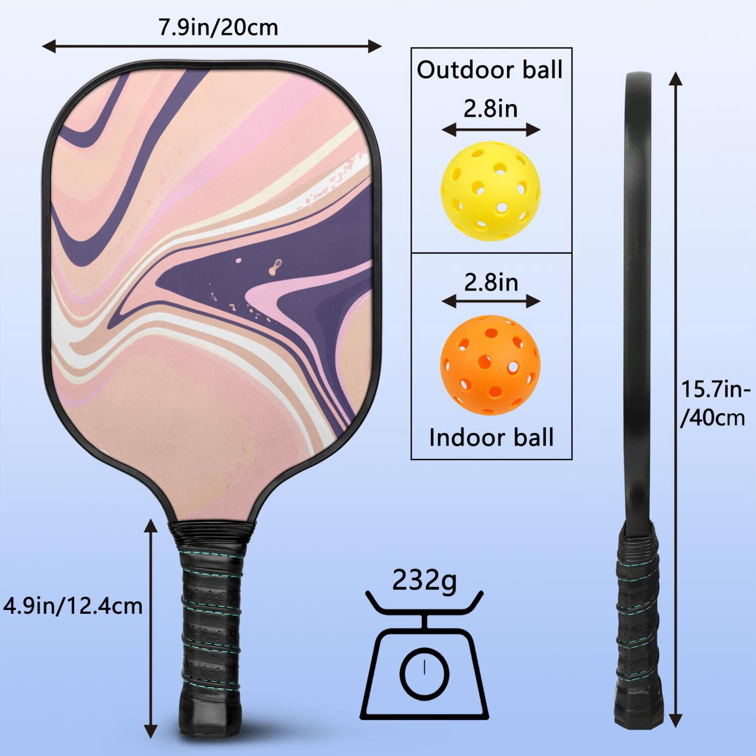 Pickleball Paddles Set Of 2, Fiberglass Surface, Liquid & Marble Print, 4 Balls & Bag