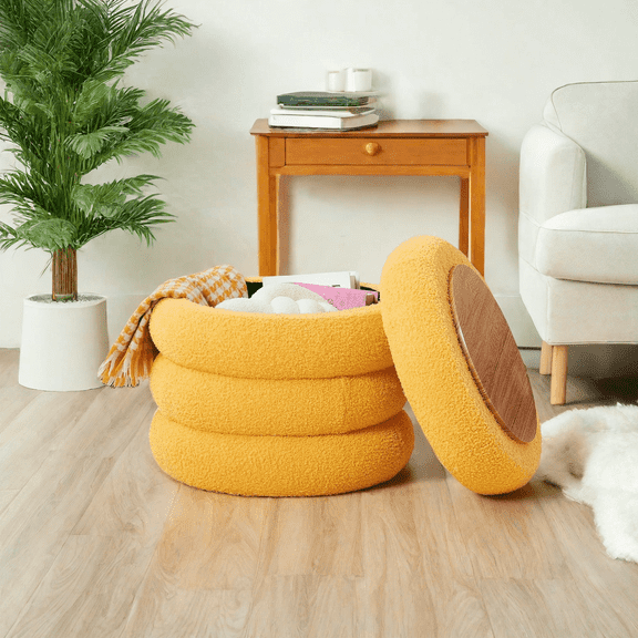 MIDOQIN Modern Round Storage Ottoman, Sherpa Footstool, Multifunctional Teddy Vanity Stool with Flip-Top Tray, Makeup Chair